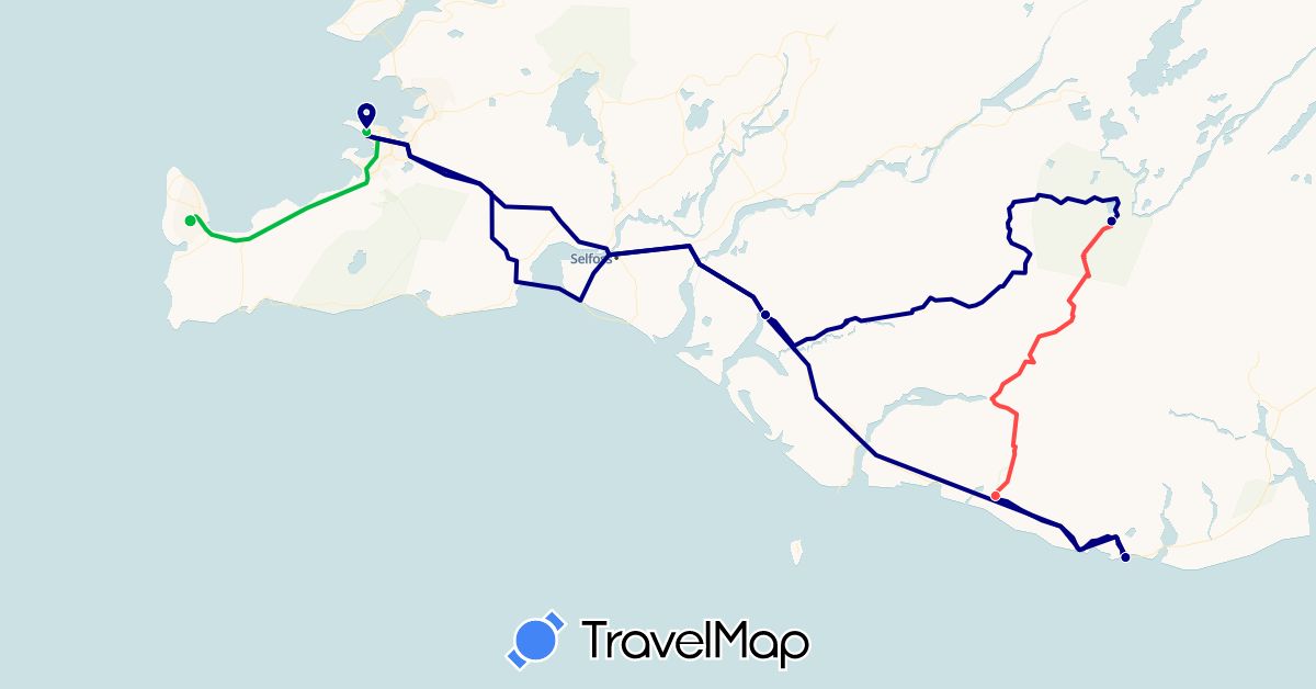TravelMap itinerary: driving, bus, plane, hiking in Iceland (Europe)